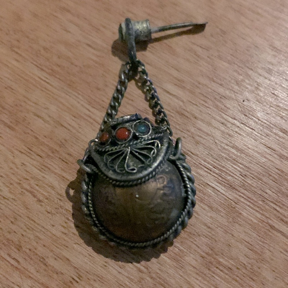 Vintage Snuff Perfume Pendant With Eastern Coins On Both Sides Gemstone Inlayed